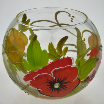 Ваза стеклянная ручной работы Красные цветы (Шарик маленький) ZA-1050