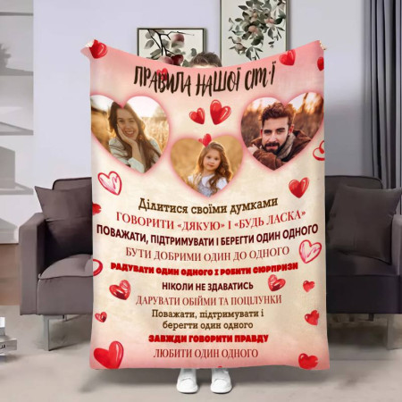 Плед 3D со своим фото для семьи Правила семьи Любящие сердца 17893 135х160 см