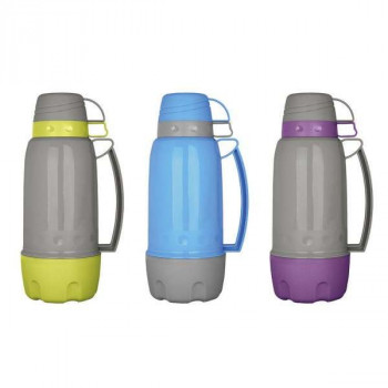 Термос 1800мл со стеклянной колбой и 3 пластиковми чашками(серый с салатовым,с голубым,с фиолетовым) Kamille