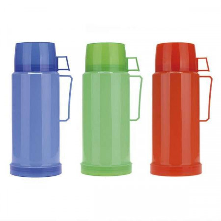 Термос 1000мл со стеклянной колбой и пластиковой чашкой (синий,зеленый, красный) Kamille 2072