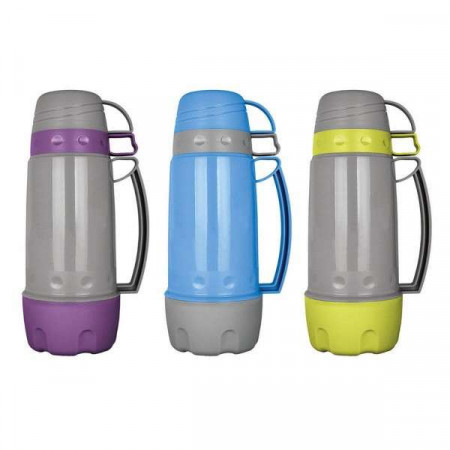 Термос 1000мл со стеклянной колбой и 3 пластиковыми чашками( серый с фиолетовым,голубым, салатовым) Kamille 2080