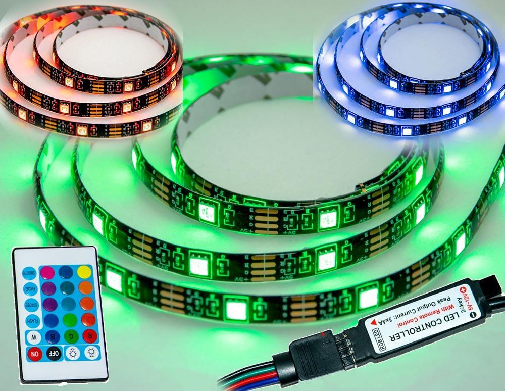 Светодиодная LED лента с пультом 5050 черная на 2м. RGB диодная + РГБ ЛЕД контроллер