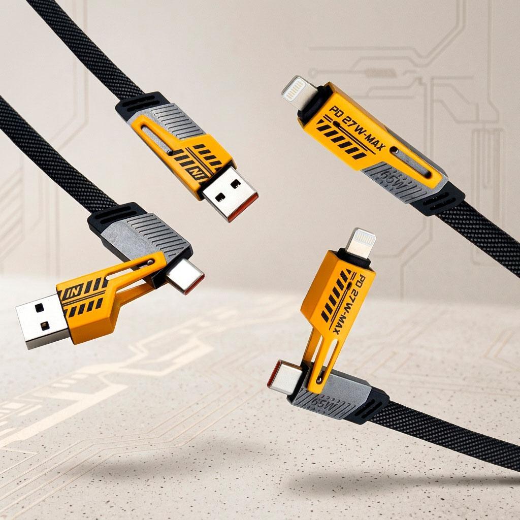 Универсальный кабель для зарядки смартфона 4в1 Yelandar KC300 65W, 1м., (Lightning, USB Type-A, Type-C) шнур для зарядки