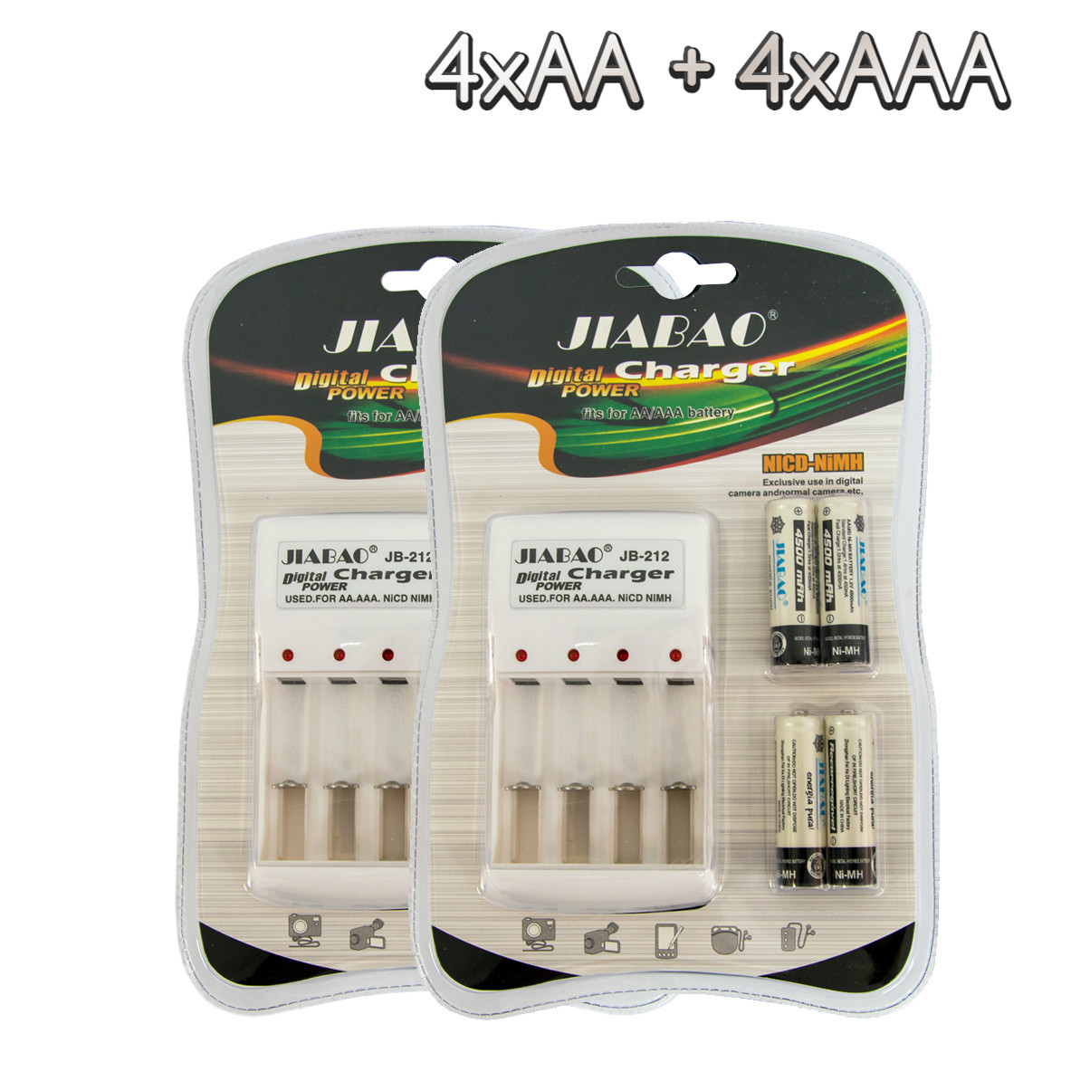 Комплект 2 зарядных устройства для аккумуляторных батарей JIABAO JB-212 + аккумуляторы Ni-MH 4хAAA+4хАА