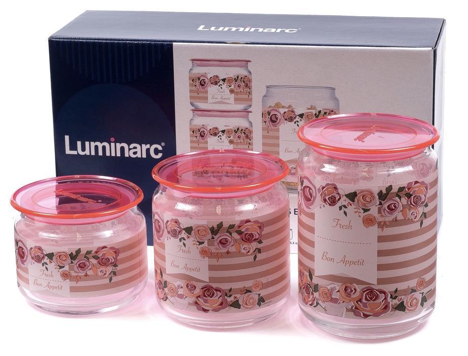 Набор банок для хранения 3 шт Plano Rosettеs Pink Luminarc P9213 Набор банок для хранения 3 шт Plano Rosettеs Pink Luminarc P9213