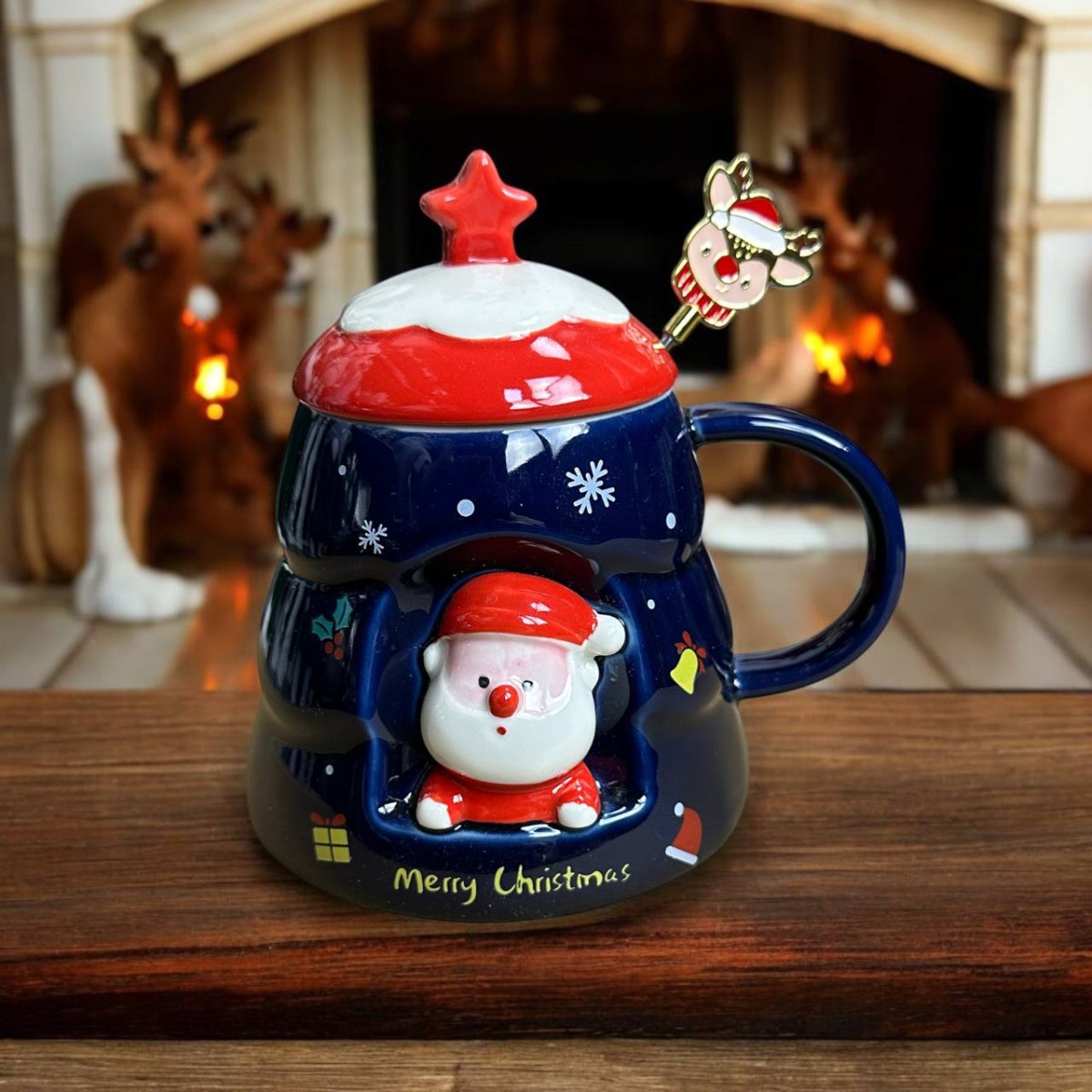 Кружка с крышкой новогодняя Merry Christmas 14849 400 мл синяя с красным Кружка с крышкой новогодняя Merry Christmas 14849 400 мл синяя с красным